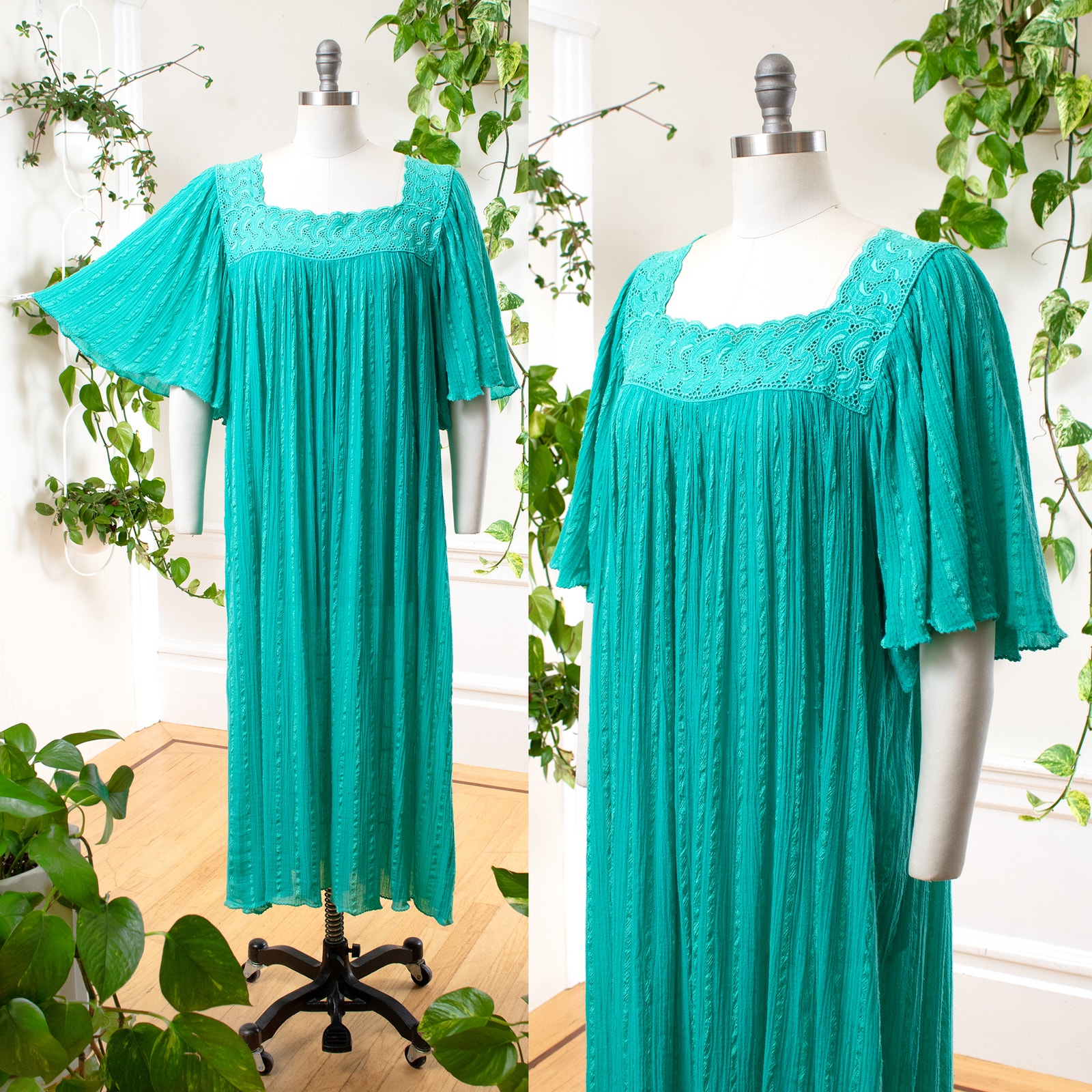 Vintage 80s 90s Green Cotton Gauze Angel Sleeve Trapeze Tent Greek Dress